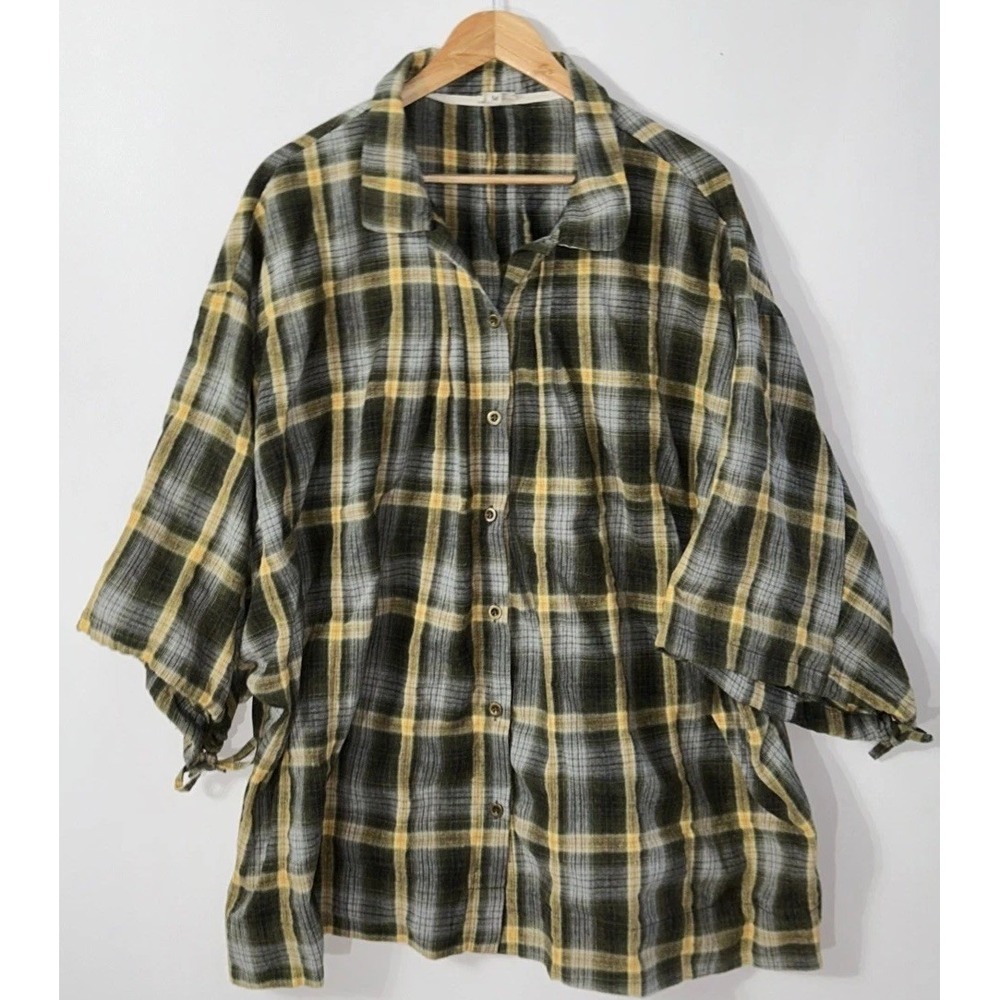 POL Anthropologie S/S button Down boxy oversized plaid S/S shirt  boho Medium EC